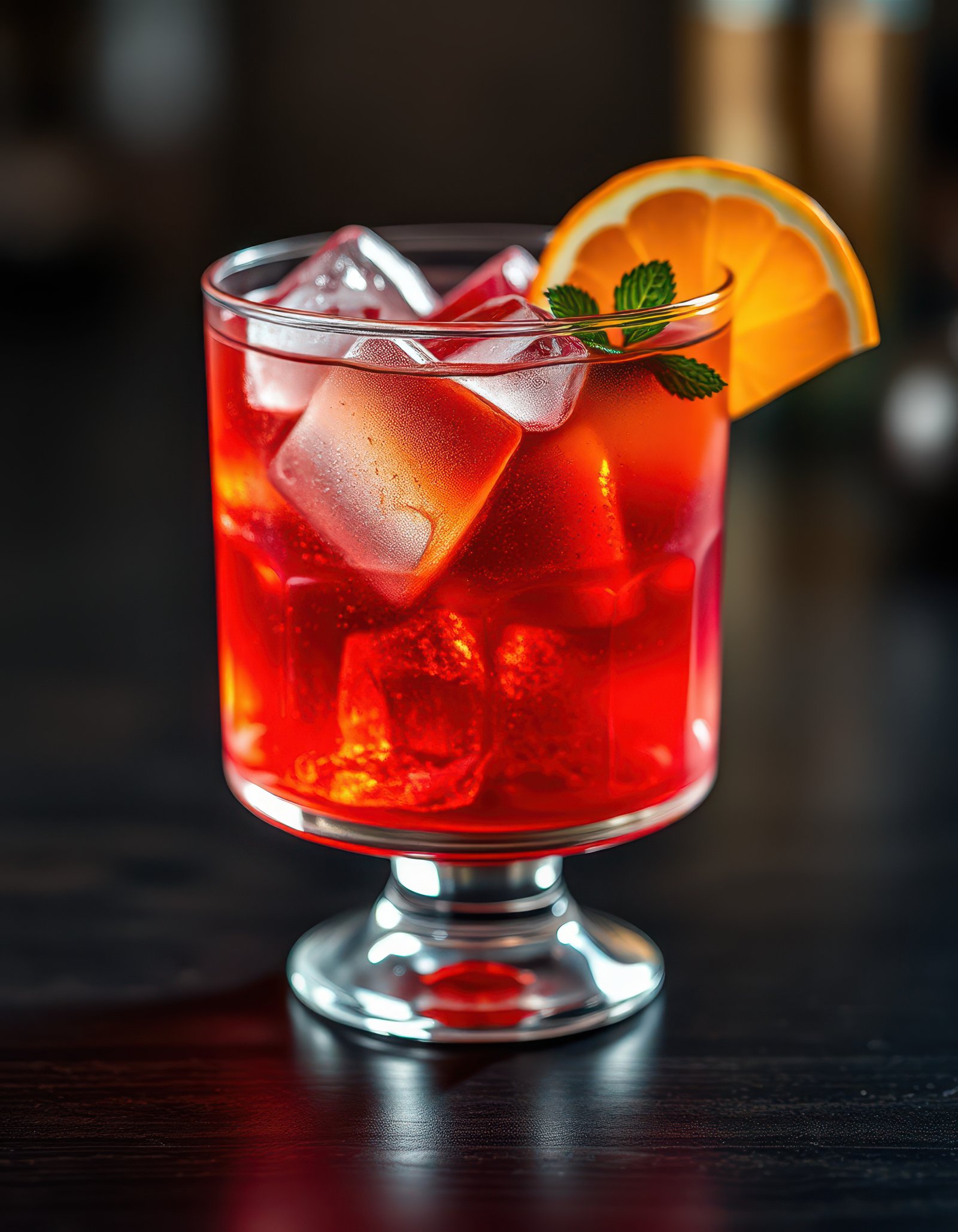 Refreshing red cocktail garnished with orange slice and mint served in a stylish glass